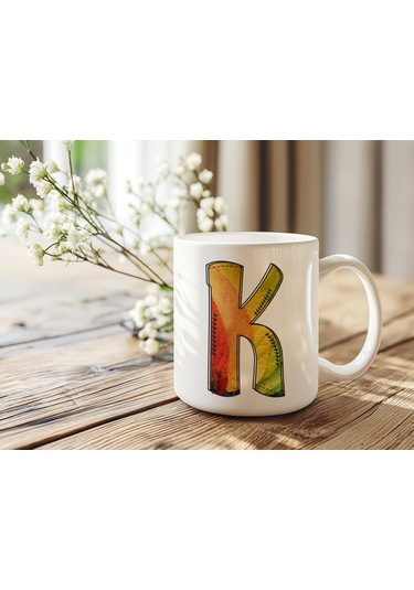 K Harf Yaprak Renkleri İle Kupa Bardak - Kişiye Özel Alfabe Harfli Bardak - Hediye Beyaz