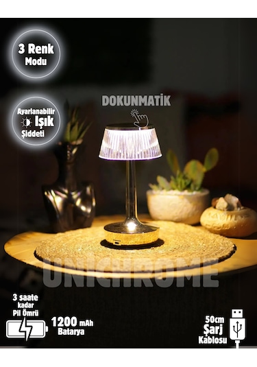 3 Işık Renkli Şarjlı Masa Lambası Gold Metal Görünümlü Gece Lamba