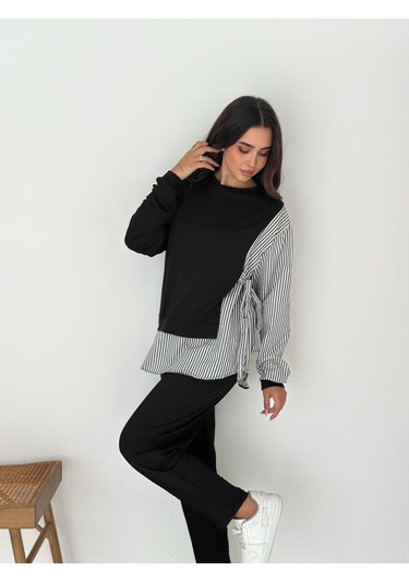 Modasize Kadın Gömlek Detay Çizgili Yandan Bağlamalı Ikili Takım Siyah