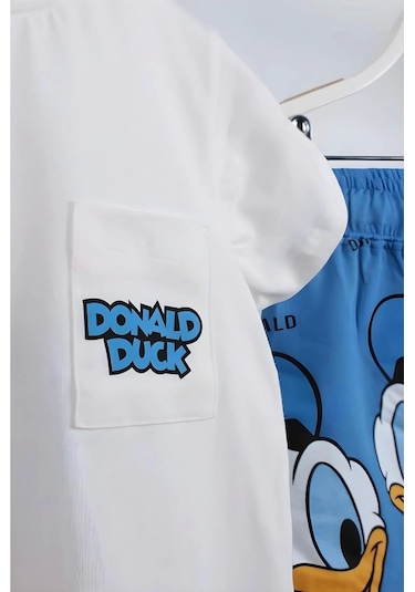 Unisex Bebek & Çocuk Donald Duck Baskılı Pamuklu Bisiklet Yaka Beyaz T-shirt Ve Şort Alt Üst Takım Beyaz