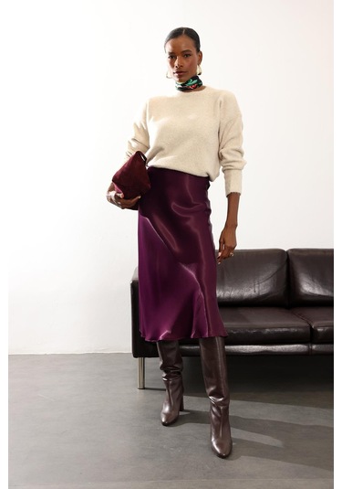 Mürdüm Saten Volanlı Etek 17000 Mürdüm