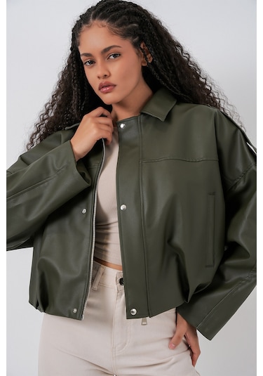 Kadın Oversize Deri Ceket 1055 - Haki Haki