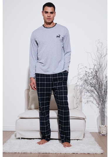 Buratti Pamuklu Regular Fit Bisiklet Yaka Ekoseli Erkek Pijama Takımı 6574001 Gri
