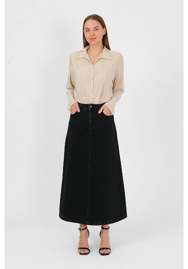 Yüksek Bel A Kesim Denim Etek Siyah