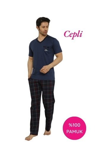 Erkek V Yaka Ekose Desen %100 Pamuk Kısa Kol Cepli Pijama Takımı İndigo