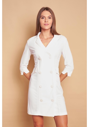 Yakalı Sırt Dekolteli Anvelop Likralı Kumaş Düğmeli Ceket Elbise-krem Krem