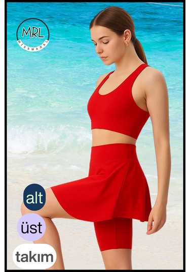 Kadın Takım Alt - Üst Biker Şort Diz Üstü &crop Bra Ped Destekli Denizde Havuzda Sporda Kırmızı Kırmızı