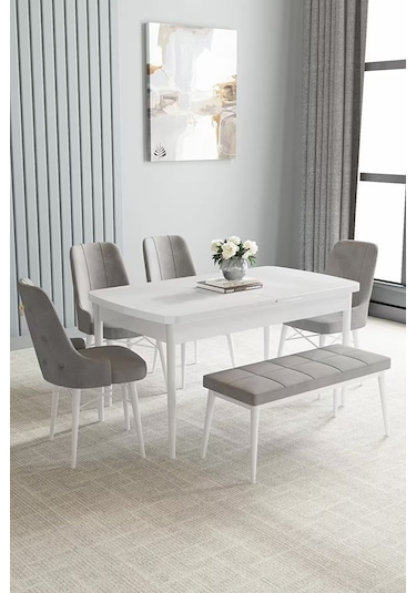 Loft Beyaz 80x132 Açılabilir Mdf Masa Yemek Odası Takımı, Mutfak Takımı 4 Sandalye, 1 Bench Gri