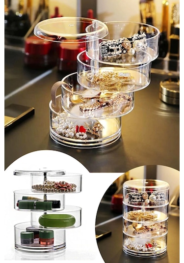 Şeffaf Silindir Takı ve Makyaj Organizer 4 Katlı