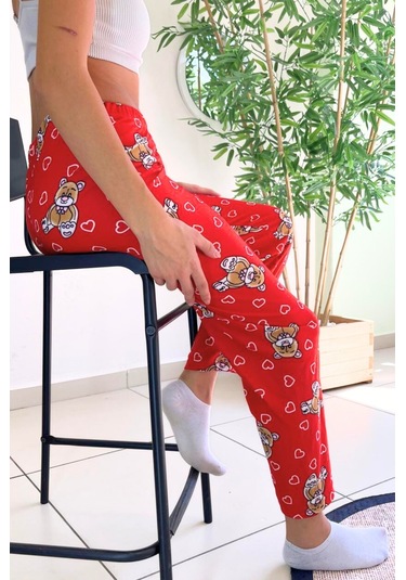 Dreamy Soft Kadife Dokulu Ayıcık Desenli Süet Pijama Altı Pantolon Kırmızı