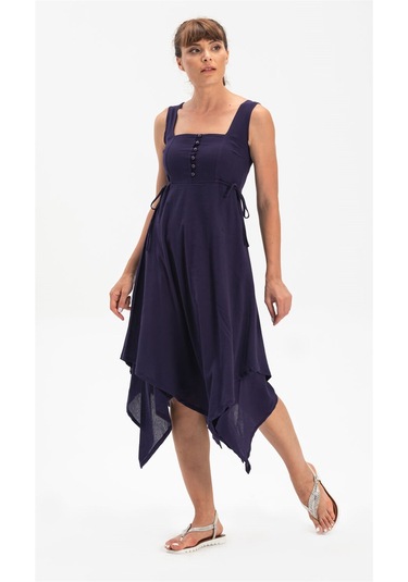 Kolsuz Şile Bezi Üçgen Katlı Midi Boy Elbise Mor Mor