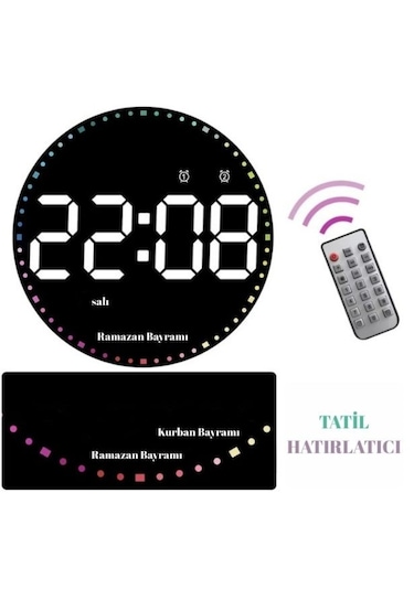 Hpytech 10 İnç Yuvarlak Led Dijital Duvar Saati Uzaktan Kumandalı Siyah