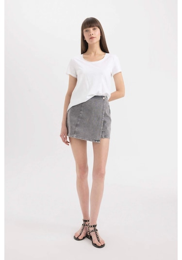 Defacto Yüksek Bel Mini Jean Şort Etek C0695AX24SMNM55 Gri