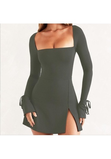 Kadın Sonbahar Ve Kış Yeni İpli Uzun Kollu Düz Renk Kare Yaka Dar Kesim Yüksek Bel Yırtmaçlı Elbiseler Koyu Gri