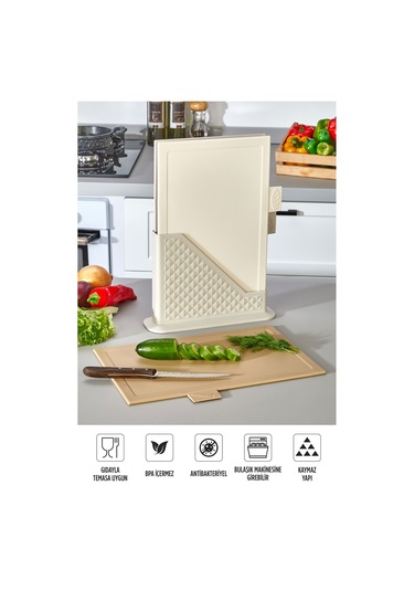 9'lu Mutfak Hazırlık Seti - Dik Standlı Kulplu Kesme Tahtası Karıştırma Kabı Süzgeç Limon Sıkacağı Bej