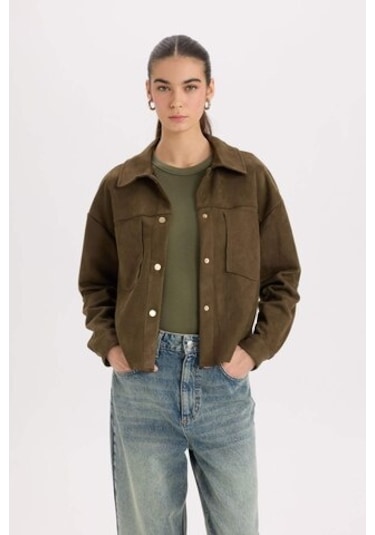 DeFacto Crop Çıtçıtlı Cepli Süet Gömlek Ceket B2983AX24WNKH447 Haki