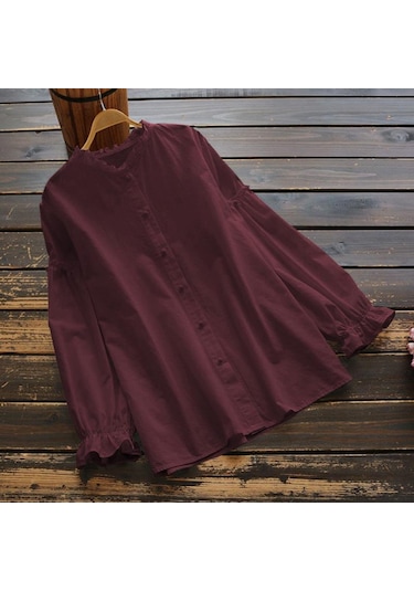 Bordo Zanzea Kadın Vintage Uzun Kollu Göğüslü Fırfırlı Bisiklet Yaka Bluz Üstler Bordo