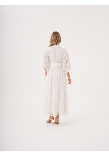Dantel Detaylı Kemerli Şifon Gömlek Elbise Ekru