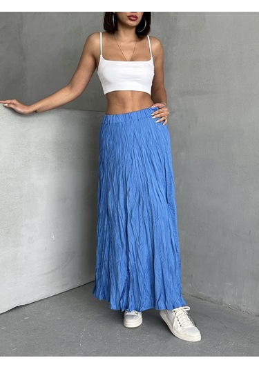 Kadın Buruşuk Modal Dokulu Soft Uzun Etek Mavi