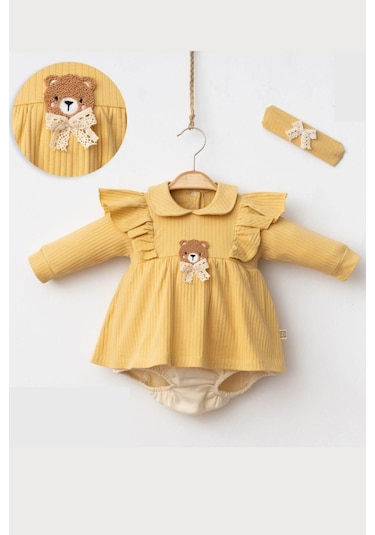 Kız Bebek Cute Bear Romper Baskılı Tulum Hardal
