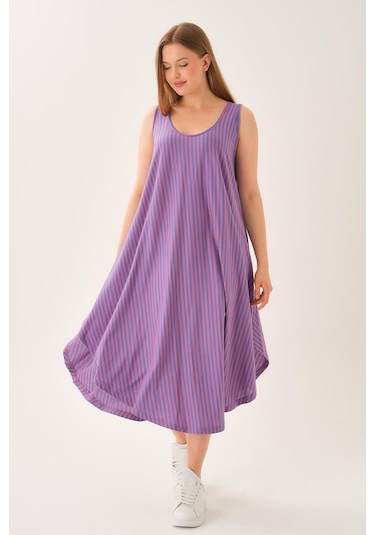 Asimetrik Kesim Çizgili Kolsuz Elbise Mor