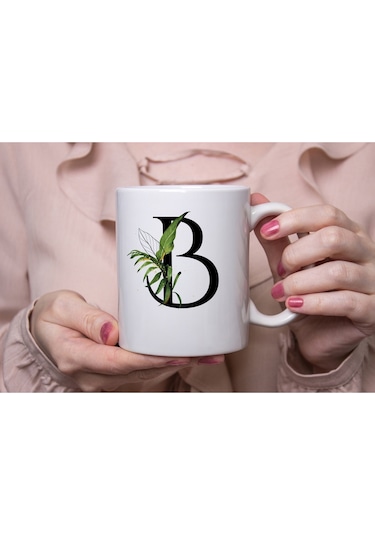 B Harf Zarif Yaprak Desenli Kupa Bardak - Naturel Sade Alfabe Harfli Bardak - Kişiye Özel Hediye Beyaz