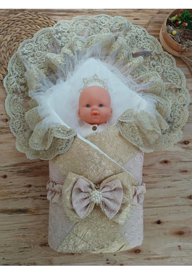 Yenidoğan Kabartma Desenli Gold Çift Güpürlü Ve Fiyonklu Bebek Battaniyesi Kundak Gold Gold