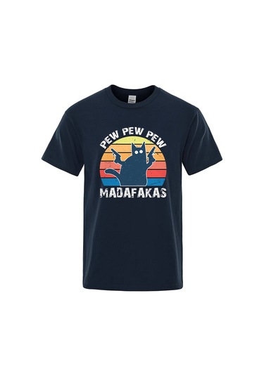 Teekossc Pew Pew Madafakas Erkek Kısa Kollu Komik Kedi T-shirt Vintage Yazlık Ekip Üstü Streetwear Chınagümüş Gümüş