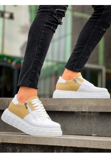 Kb-x155 Kuback Beyaz Cilt Bej Süet Detaylı Beyaz Yüksek Taban Günlük Spor Ayakkabı Beyaz2 Beyaz