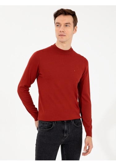Cacharel Kiremit Slim Fit Çeyrek Balıkçı Yaka Basic Triko Kazak Kırmızı