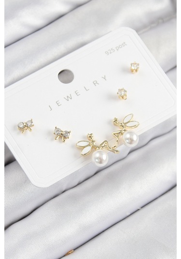 Pirinç Zirkon Taşlı İnci Melek Model Gold Renk 925 Ayar Gümüş Çivi Kadın Küpe Set Çok Renkli