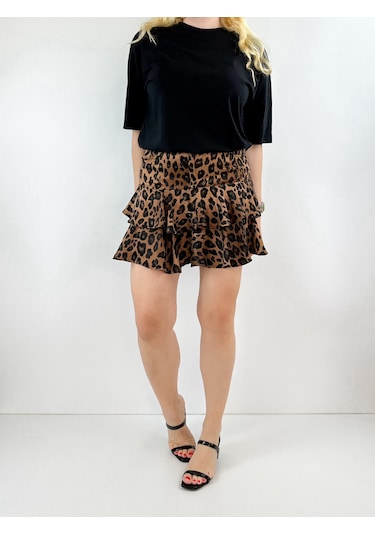 Modaonna Kat Detaylı Leopar Desen Saten Etek Kahverengi