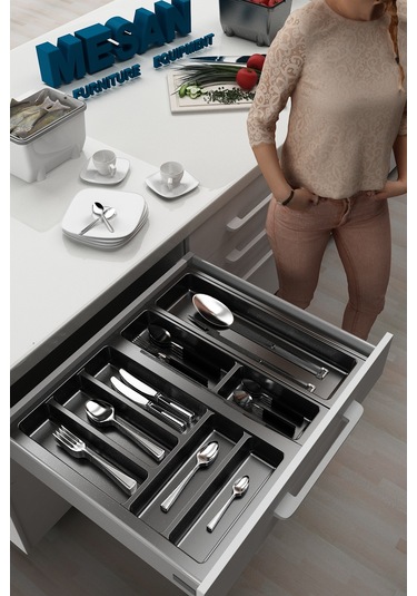 Mutfak Çekmece Içi Düzenleyici, Kaşıklık 54cm X 48cm Yanlar Ve Boydan 4cm Kesilebilir, Antrasit Antrasit