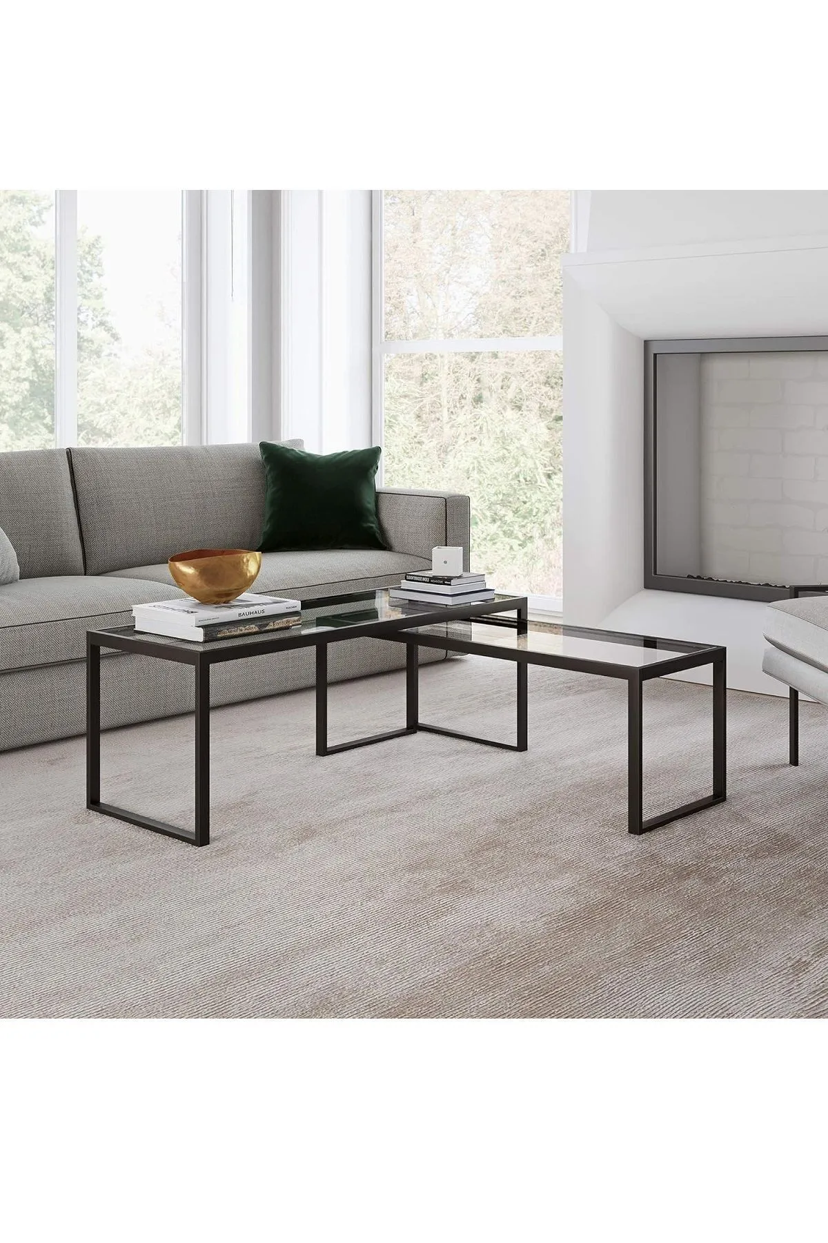 Modern 2 Li Metal Iskeletli Temper Camlı Zigon Orta Sehpa Siyah-şeffaf