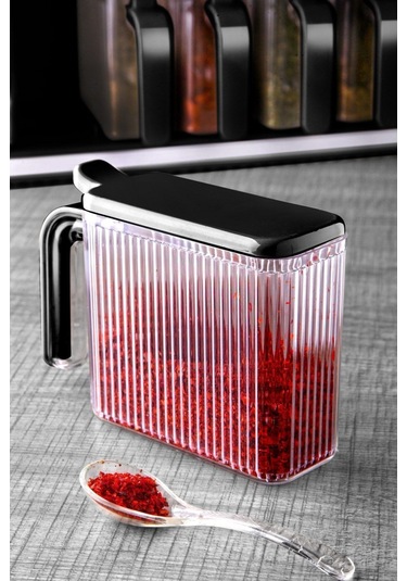 Qerhome 6 Lı Standlı Kendinden Yapışkanlı Kapaklı Kaşıklı Baharatlık Takımı - Kulplu Baharatlık Standı Siyah