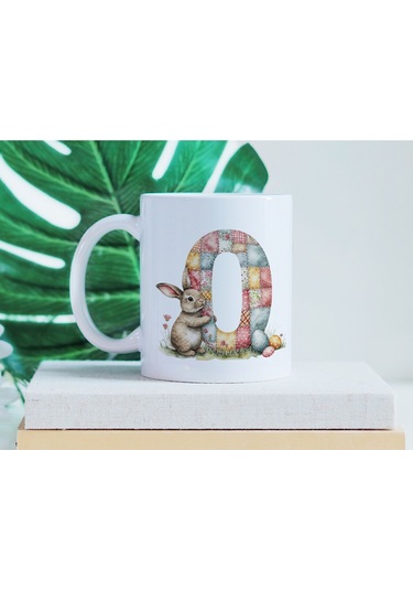 O Harfli Tavşan Kupa - Patchwork / Yamalı Desenli İsme Özel Kupa - Pastel Vintage Tarz Hediyelik Beyaz