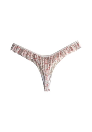 Krem Çiçek Desenli Tül Kenarları Fırfırlı Tanga Külot Krem