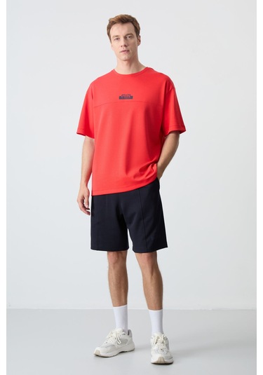 Fiesta - Lacivert Pamuklu Kalın Yumuşak Dokulu Oversize Fit Basic Erkek Şort Takım - 85259 Kırmızı
