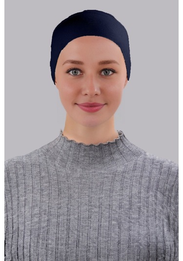 Tesettür Boru Bone Önü Dikişsiz Hazır Pratik Geçmeli Düz Bonesi Pamuk Likralı Penye Lacivert