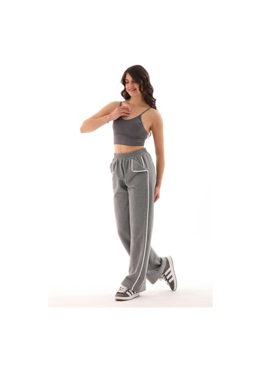 Kallima Gri Beyaz Tasarım Cepli Şeritli Üç İplik Eşofman Altı Gri