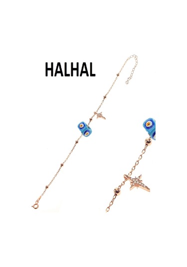 Gümüş Kutup Yıldızı ve Mineli Turkuaz Taşlı Toplu Zincir Halhal Turkuaz