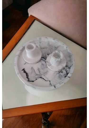 Marble Serisi Beton Tepsi Ve 2'li Mumluk,taki Tabağı,tütsülük Gri