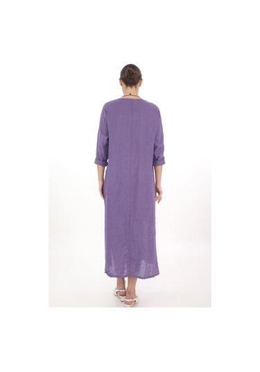 İtalyan V Yaka Uzun Kol Keten Elbise-8907 Mor