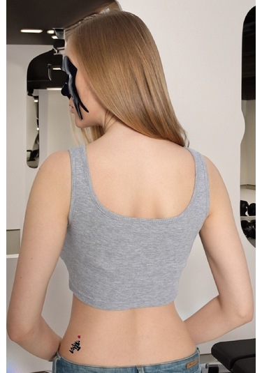 Askılı Fitilli Crop Top Bluz - Gri Gri