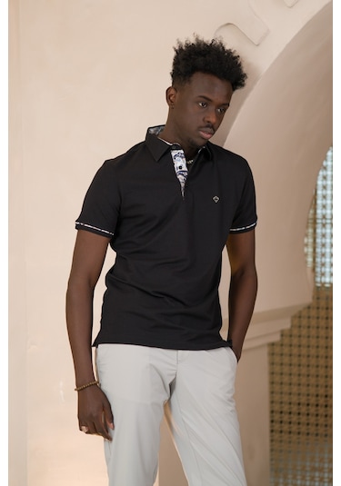Paul Martin Regular Fit Yaka Garnili Pamuklu Polo Yaka T-shirt Siyah