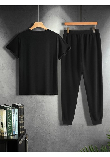 Kanat T-shirt Eşofman Altı Jogger - Siyah Baskılı Alt Üst Takım Oversize Bisiklet Yaka Siyah
