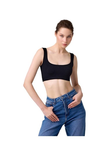 Cottonhill Premium - Kadın Siyah Seamless Kare Yaka Crop Top Büstiyer Siyah