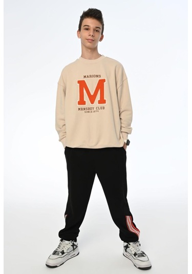 Erkek Çocuk M Harfi İşlemi Sweatshirt-13403-bej Bej