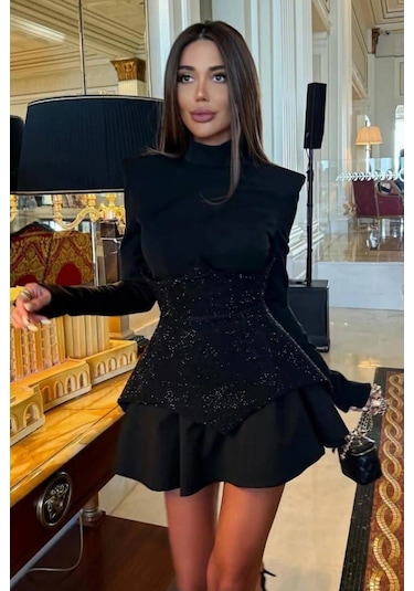 Uzun Kollu Işıltı Mini Elbise - Kristal Elmas Detaylı Kadın S