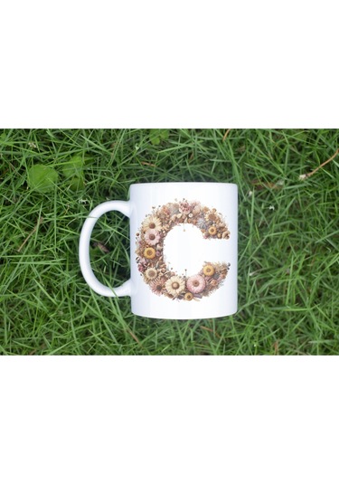 C Harfi Çiçek Desenli Kupa Bardak - Alfabe Harfleri İle Doğal Çiçekli Kupa - Hediye Fikir Beyaz